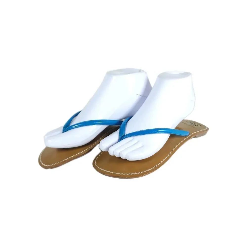 Tory Burch Women's US 8M Blue Leather Slip On Flat Thong FlipFlop Sandals